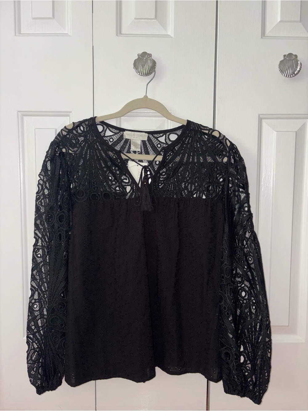 Caroline Constas Black Crochet Lace Peasant Top